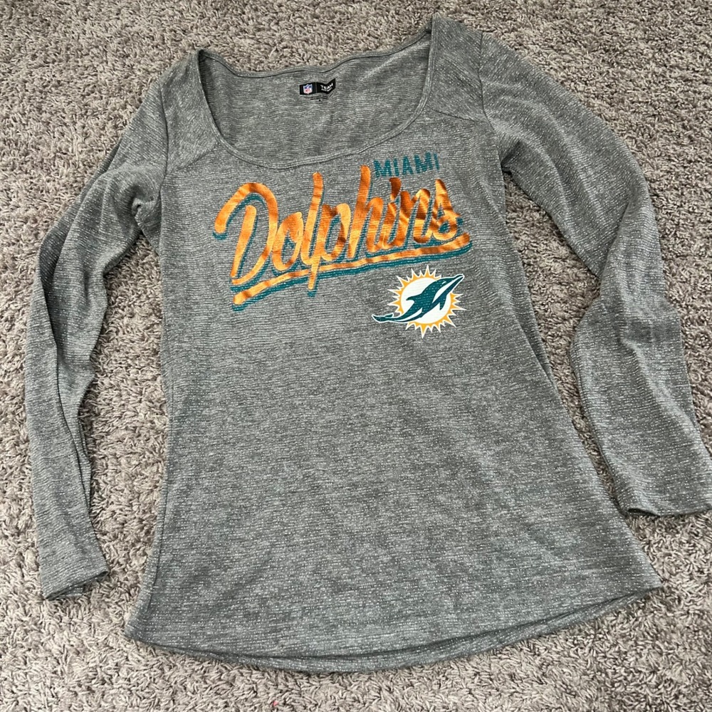 NFL Team Apparel Miami Dolphins Gray Metallic Shimmer Long Sleeve Top Womens M